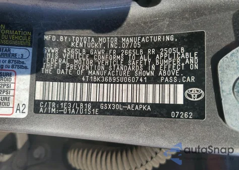 2005 Toyota Avalon Xl z USA, uszkodzony, nr VIN 4T1BK36B95U060741